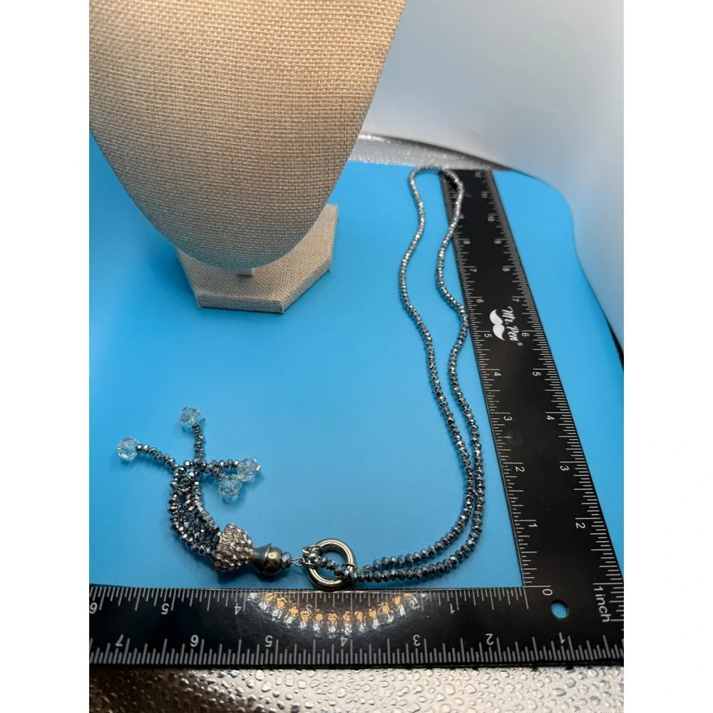 Gunmetal Grey Faceted Bead‎ Tassel Lariat Necklace Rhinestone Iridescent Crystal